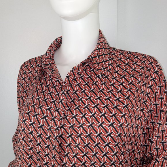 Express Women's Button Front Shirt Size Small Orange Black White Chain Print Top - Picture 2 of 8